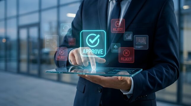 Business manager selecting approve button on virtual interface with reject option, digital document validation workflow and online authorization system for corporate approval process