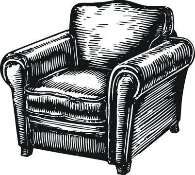 Classic armchair vintage illustration cozy single sofa with soft cushions and rounded armrests in engraving