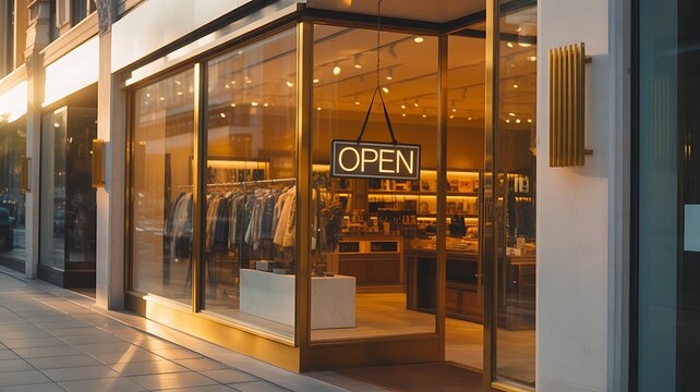 Modern retail store storefront with open sign glass and warm lighting shopping concept