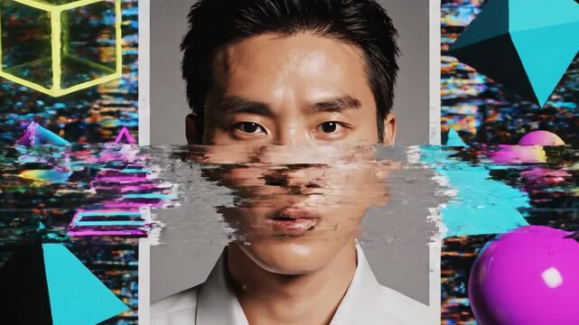 Asian Man Face with Glitching Geometric Shapes and Datamosh Effect