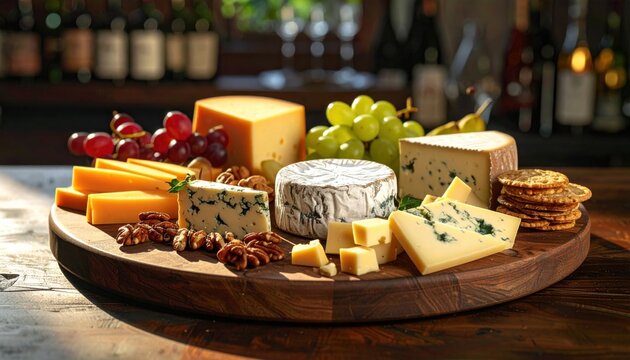 Gourmet Cheese Board Featuring Aged Cheddars, Creamy Bries, and Blue Cheese with Grapes and Nuts
