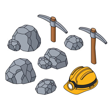 Mining Equipment and Rocks Illustration - Pickaxes, Helmet, and Stones.