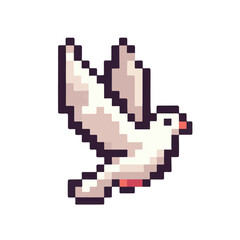 Fototapeta premium Pixel art illustration of a white dove with wings spread, symbol of peace and freedom