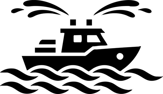 Fireboat silhouette spraying water on ocean waves icon