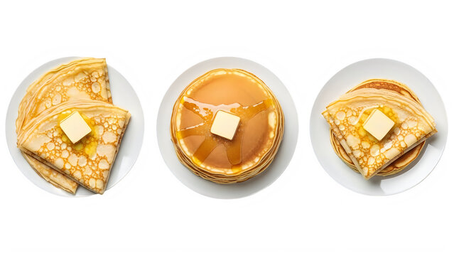 A stack of pancakes with butter on top isolated on transparent background