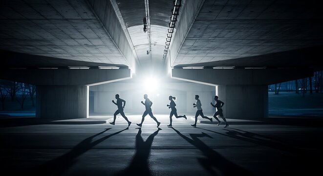 Group of runners training at night under a concrete bridge with dramatic lighting.