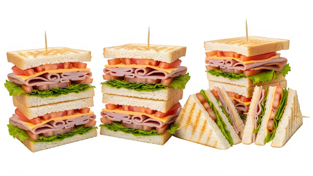 A stack of club sandwiches on a white surface isolated on transparent background