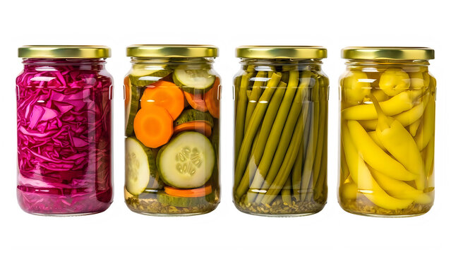 Four jars of pickled vegetables and fruits isolated on transparent background