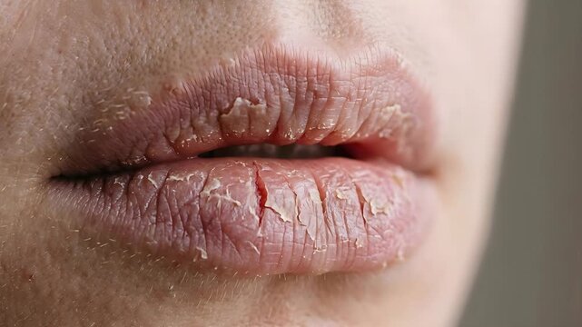 Extreme Close Up Of Severely Chapped Dry Cracked Lips With Flaking Skin In Natural Daylight Against A Blurred Gray Background