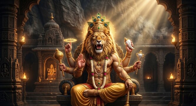 Powerful Lord Narasimha Avatar Sitting on Throne, Divine Lion Head God for Narasimha Jayanti Festival, Victory of Good Over Evil Digital Art, High Quality 4K Hindu Deity in Ancient Temple Background