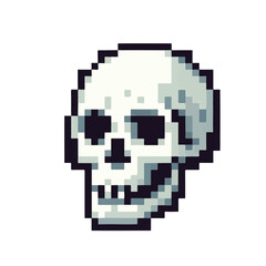 Fototapeta premium Pixel art skull icon, retro 8-bit graphic of a white skull with dark eye sockets and teeth, suitable for gaming or digital design