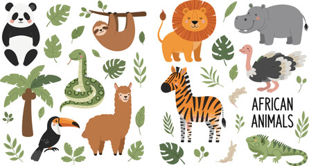 Fototapeta premium Cute Safari and Tropical Animal Vector Illustration Set Featuring Lion, Zebra, Panda, Sloth, Hippo, and Exotic Jungle Foliage for Nursery Decor and Kids Educational Design