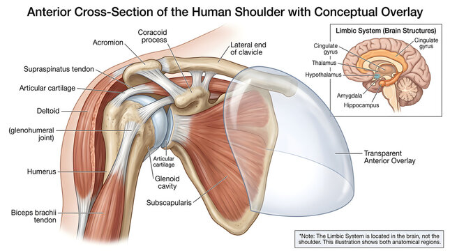 Anterior cross‑section of the human shoulder with conceptual transparent overlay linking glenohumeral joint structures, rotator cuff muscles and surrounding bones to a small inset of the limbic system