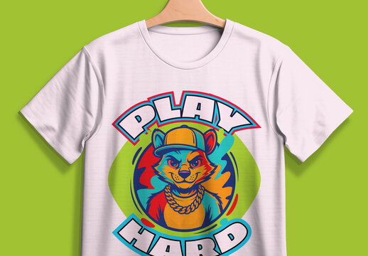 Play Hard Cartoon Cat Mascot T Shirt Graphic Typography Illustration