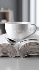 Fototapeta premium A serene cup of coffee resting on an open book, inviting relaxation.