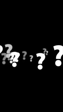White question marks animation on a black background. Abstract background perfect for concepts of uncertainty, FAQ, searching for answers, and mystery