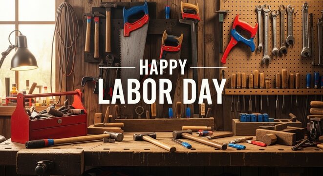 A cluttered workshop with various tools on a workbench and pegboard celebrating Labor Day