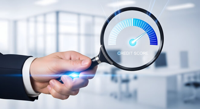 Magnifying glass showing credit score meter with a businessman examining it in office