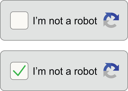 Captcha verification icon set with check mark and i'm not a robot text. User interface security elements for website login and bot protection. Cybersecurity validation button design collection.