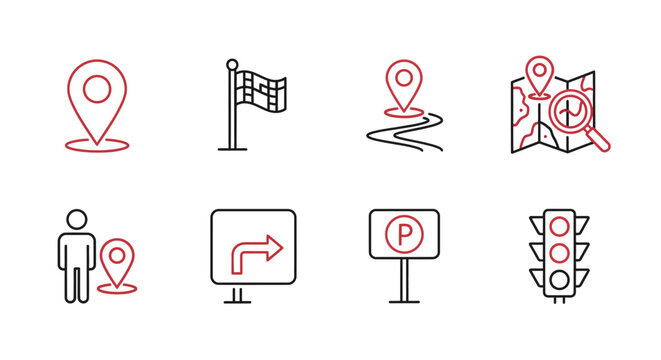 Collection of assorted colored location pin icons set on a white background for use in web and graphic design projects, symbolizing navigation and place