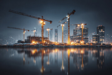 Obraz premium Construction crane Building site Night construction City skyline Reflection on water Urban development Industrial lighting Tower crane Modern architecture Construction industry