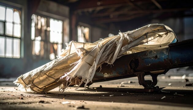 Frayed and discolored parachute fabric draped over a jagged piece of twisted metal inside an abandoned industrial building