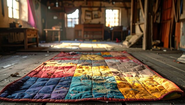 A Faded Patchwork Quilt With Stitches Holding Disparate Fabric Scraps Together in a Dusty Room