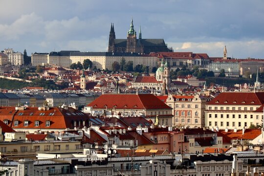 Prague Castle skyline with historic architecture and red rooftops in Czech Republic