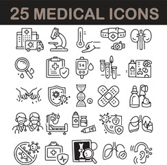Obraz premium Medical icons set of 25 line vector elements, healthcare symbols for hospital and clinic services, professional medicine and science icons isolated PNG with Transparent Background