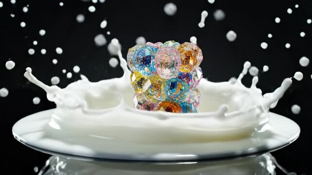Close Up of a Colorful Crystal Candy Boot Splashing into a Puddle of White Milk