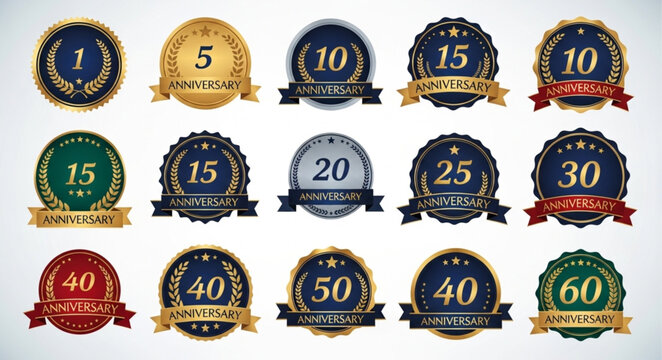 Collection of Anniversary Badges and Seals with Numbers.