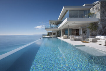 Fototapeta premium Contemporary seaside mansion with infinity edge pool overlooking calm ocean under clear blue sky, featuring modern architecture and luxurious outdoor seating area for relaxation