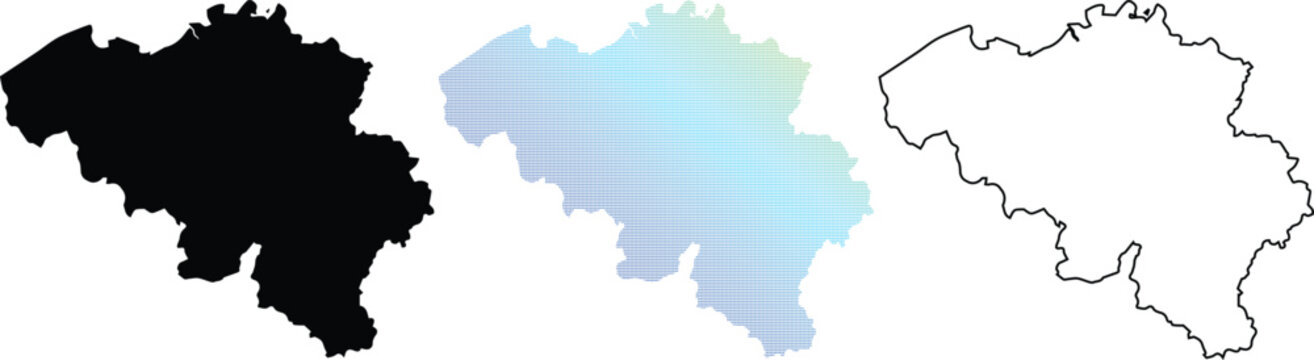 Set of Belgium map icons featuring a solid black silhouette, a blue gradient pixel dot pattern, and a clean black outline, isolated on a white background for geographic design projects.