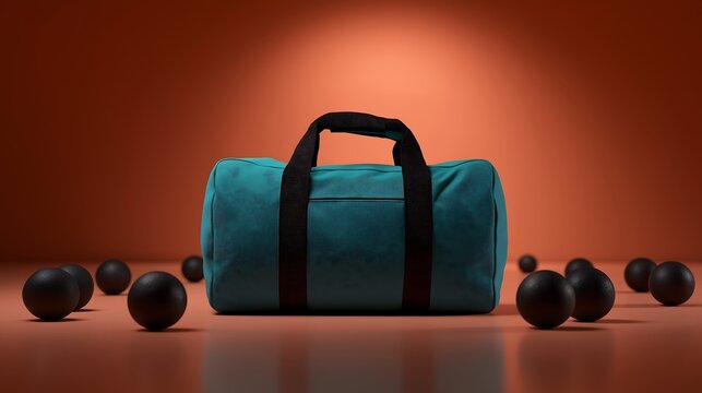 Turquoise duffel bag on squash court surrounded by black balls against coral background