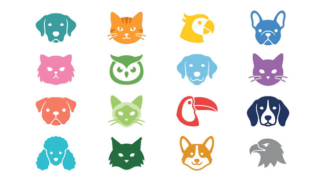 A collection of colorful animal head icons featuring various breeds of dogs, cats, and different types of birds on a white background.