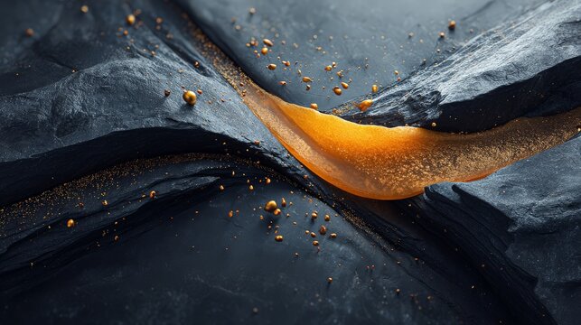 A vibrant stream of orange flowing through dark textured rocks.