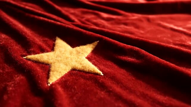 Golden star symbol on luxurious red velvet fabric background.