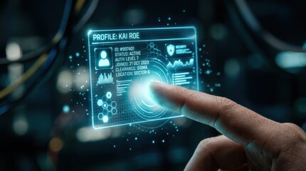 Fototapeta premium Finger interacting with secure user profile dashboard and biometric scan ring. Digital identity verification concept.