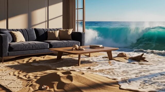 Living Room with Ocean View Flooded.