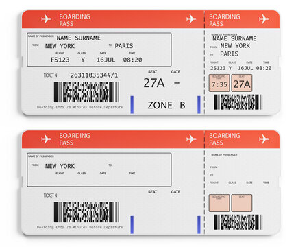 Air plane tickets on white, pair of plane boarding pass. Travel or tourism concept