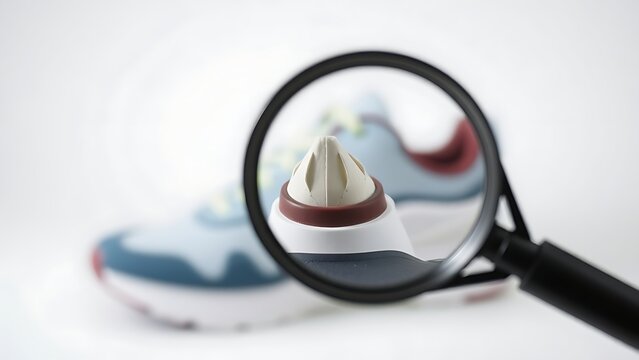 aglet. Magnifying glass focusing on shoe aglet tip with blurred background. lifestyle magazines, social media lookbooks, designed for lifestyle magazines and social media content.