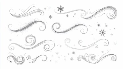 Fototapeta premium Silver swirling wind gusts with snowflakes scattered around; white background