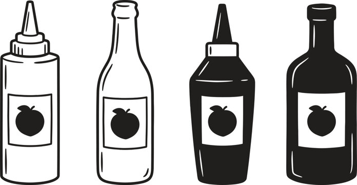Black and white sauce bottles, condiment icons, apple logo labels, vector illustrations, kitchen essentials
