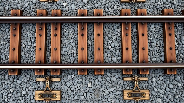 trackbed. Top-down view of railway sleepers and ballast stones in a geometric pattern. mobility guides, transit brochures, designed for mobility and urban transit guides, used by biotech researchers.