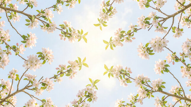 Apple blossom stretch ceiling design, upward view of delicate white pink flowers framing bright sky. Calm floral ceiling mural for wellness interior, spa, relaxation room or modern interior decoration
