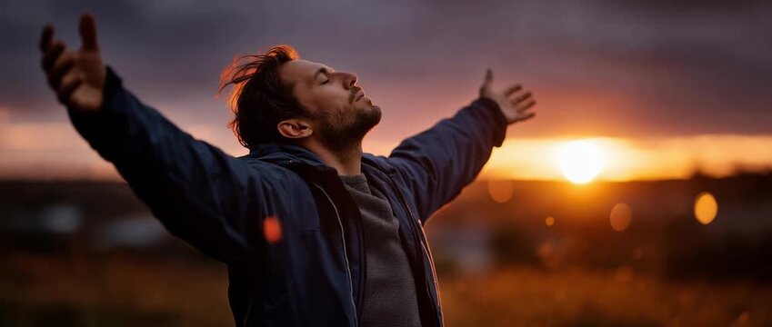 Man with raised arms enjoying sunset in nature, freedom and happiness concept, golden light, emotional moment, success, gratitude, personal growth, inspiration and positive life energy with copy space