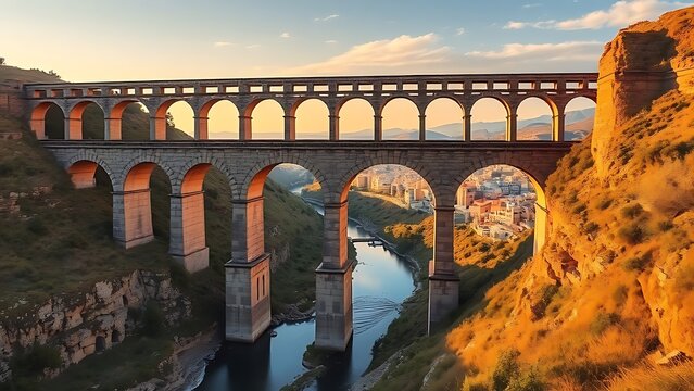 keystone. Ancient stone aqueduct channeling water at golden hour, historical engineering. travel magazines, destination branding, designed for outdoor magazines and nature guides.