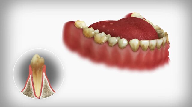 Progression of periodontal disease.Plaque and tartar buildup, gum recession-A close and broad view.	