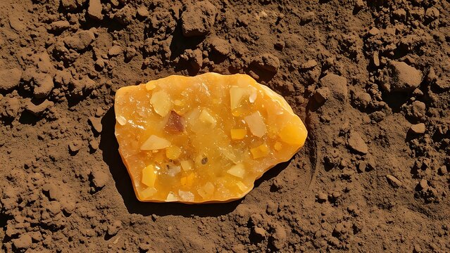 copal. Piece of semi-fossilized copal resin lying on soil at an archaeological site. gardening catalogs, home-decor guides, designed for home decor and floral branding, celebrates nature.
