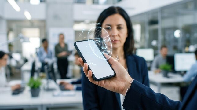 Employee identity scan on smartphone held in front of colleague. Digital identity verification concept.